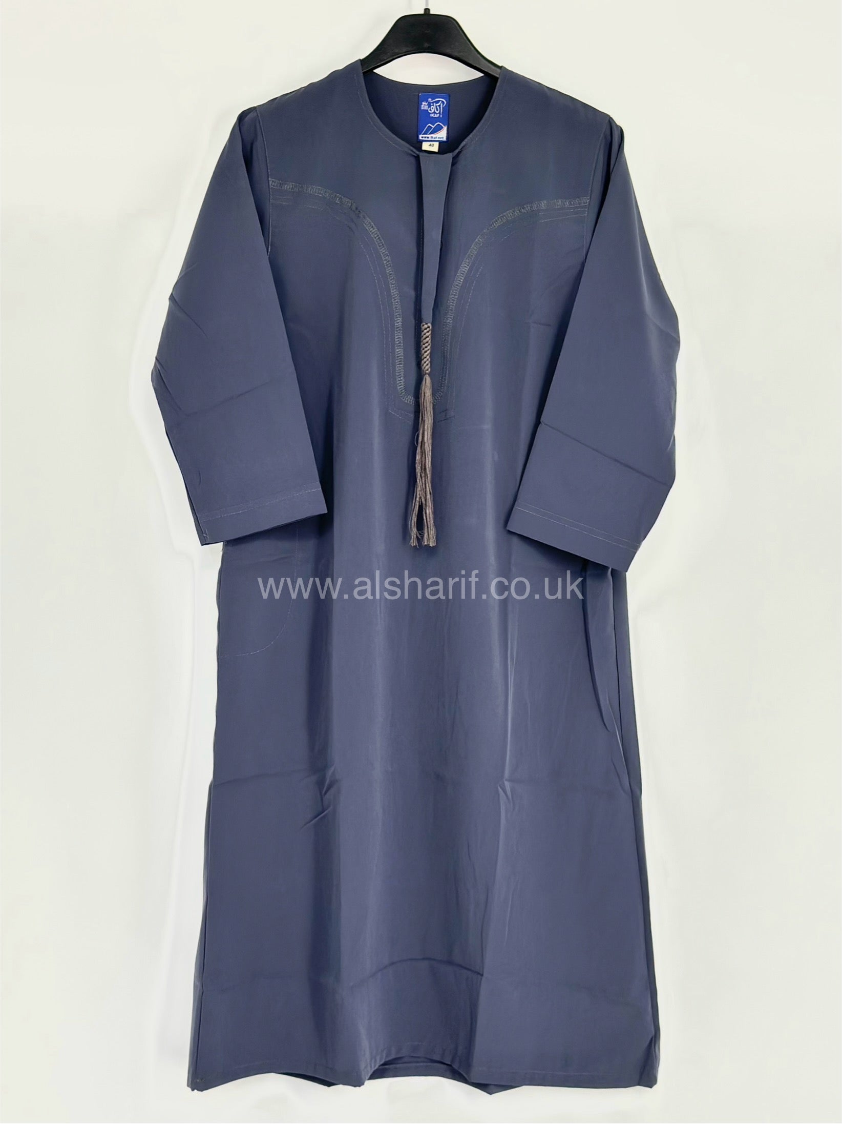 Grey Silky Boys Thobe Jubba Collarless With Buttons & Tassel Size 40