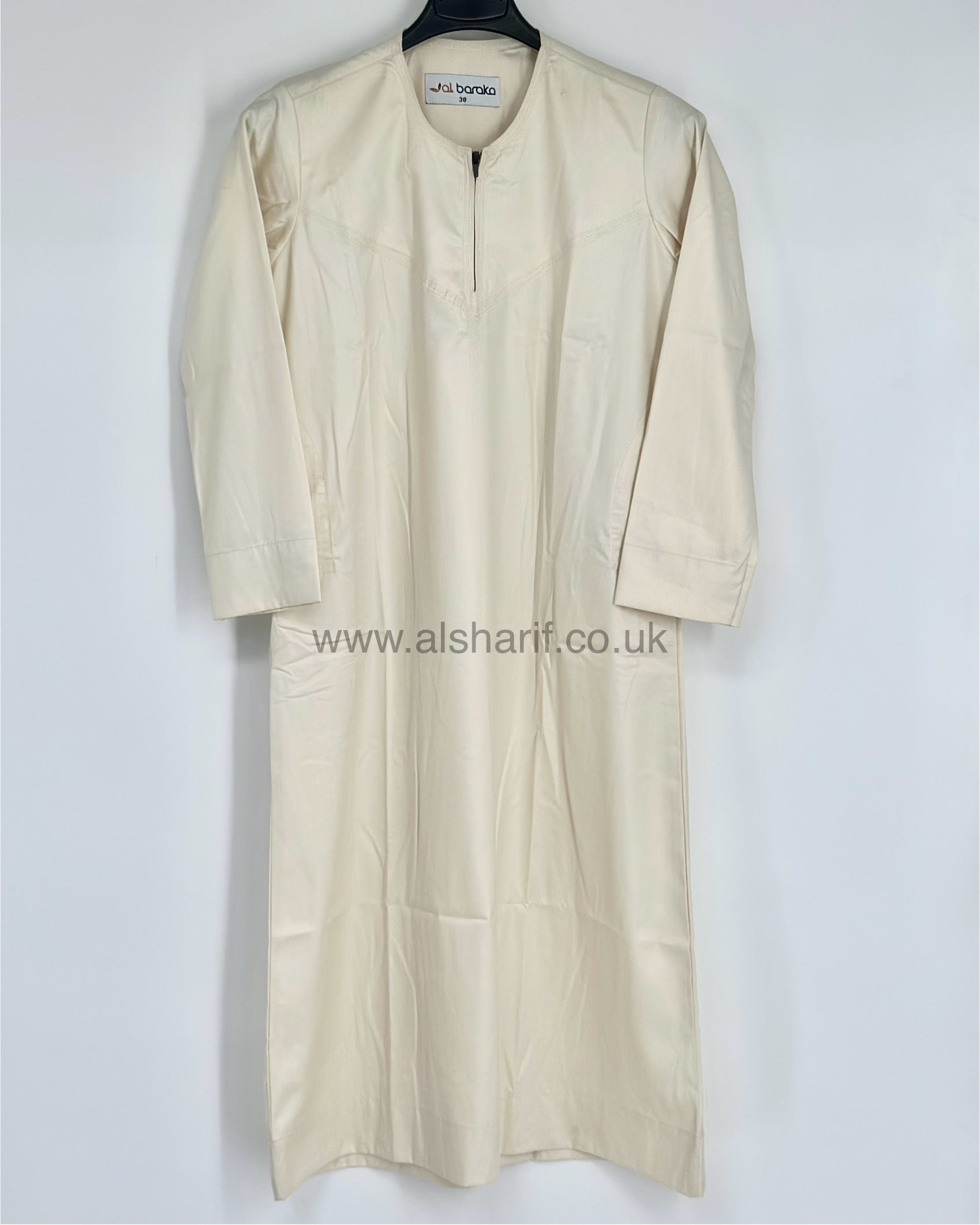 Cream Silky Boys Thobe Jubba Collarless with Zip Size 38