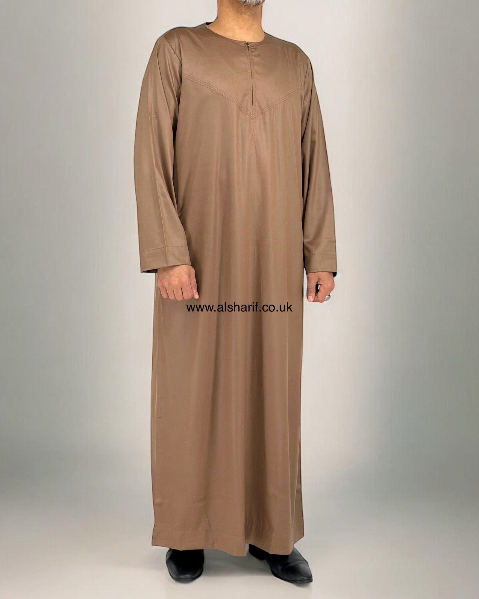 Light Brown Silky Thobe / Jubba Collarless With Zip (Size 58)
