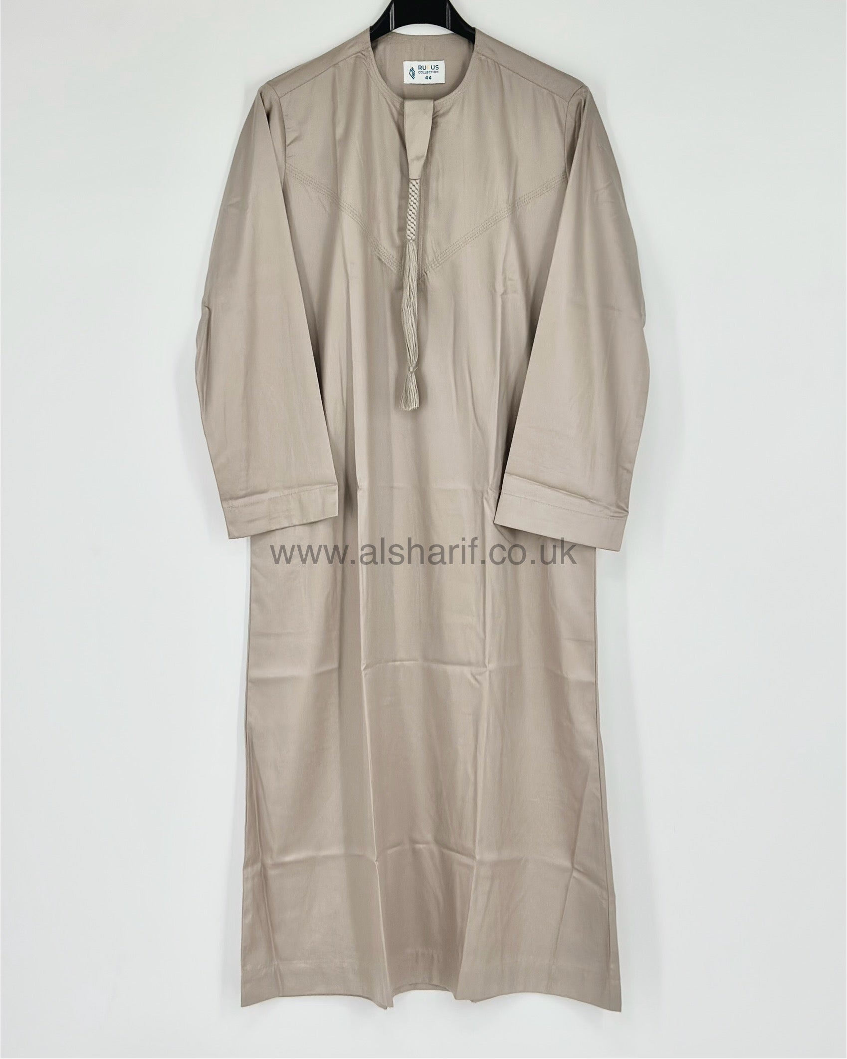Beige Silky Boys Thobe Jubba Collarless with Tassel & Zip