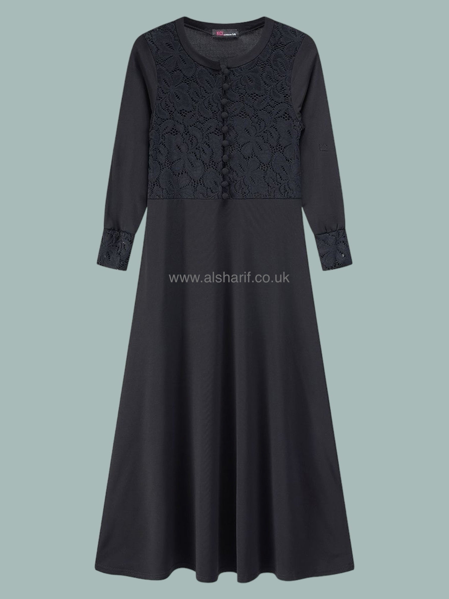 Girls Black Abaya - Jersey Stretchy - Floral Lace - buttoned  - GA97