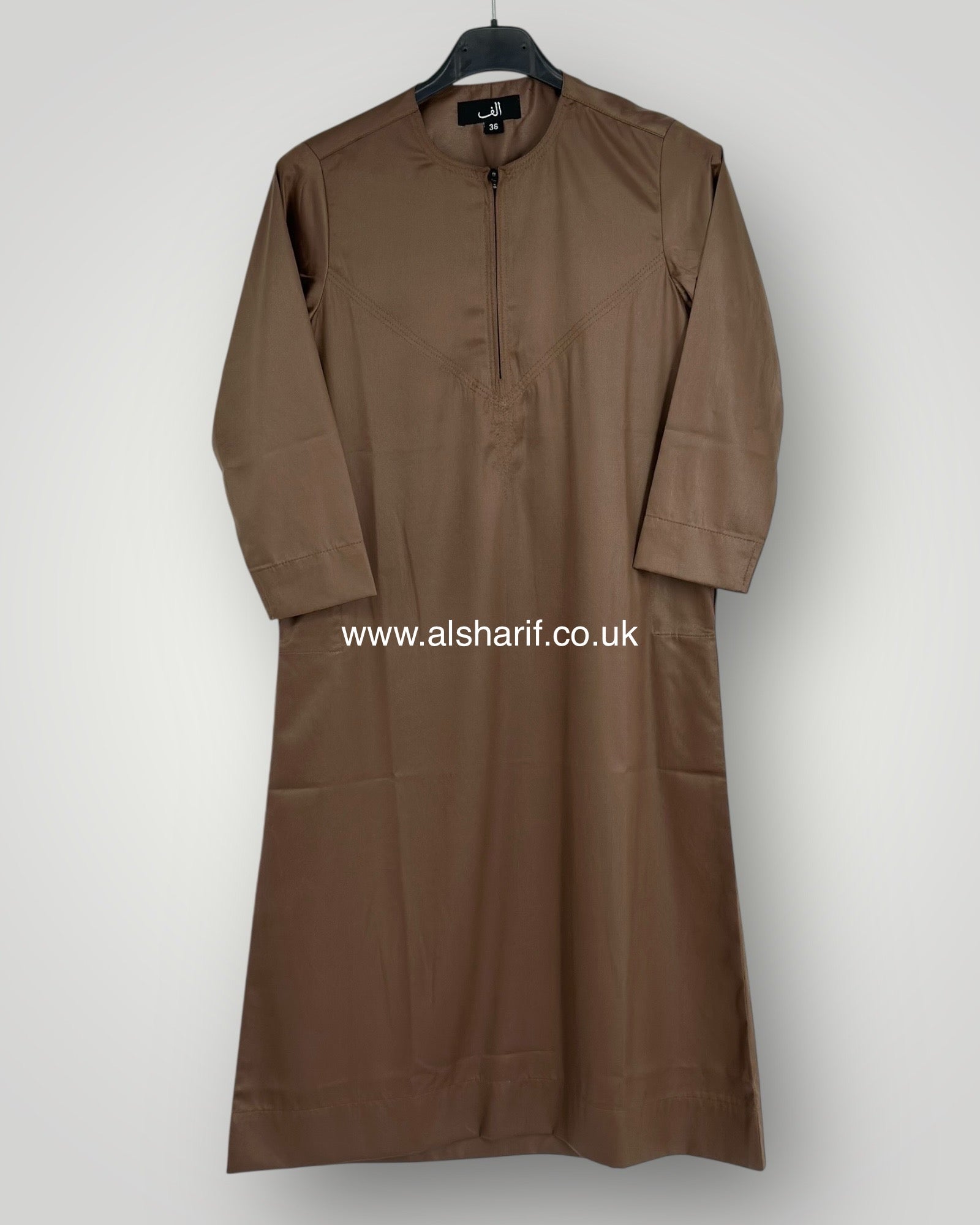 Brown Silky Boys Thobe Jubba Collarless with Zip (Size 36)
