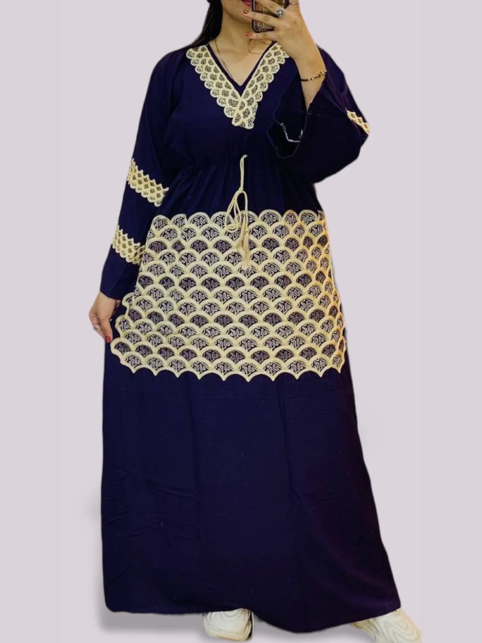 Embroidered Drawstring Cotton Abaya Dress - AD26