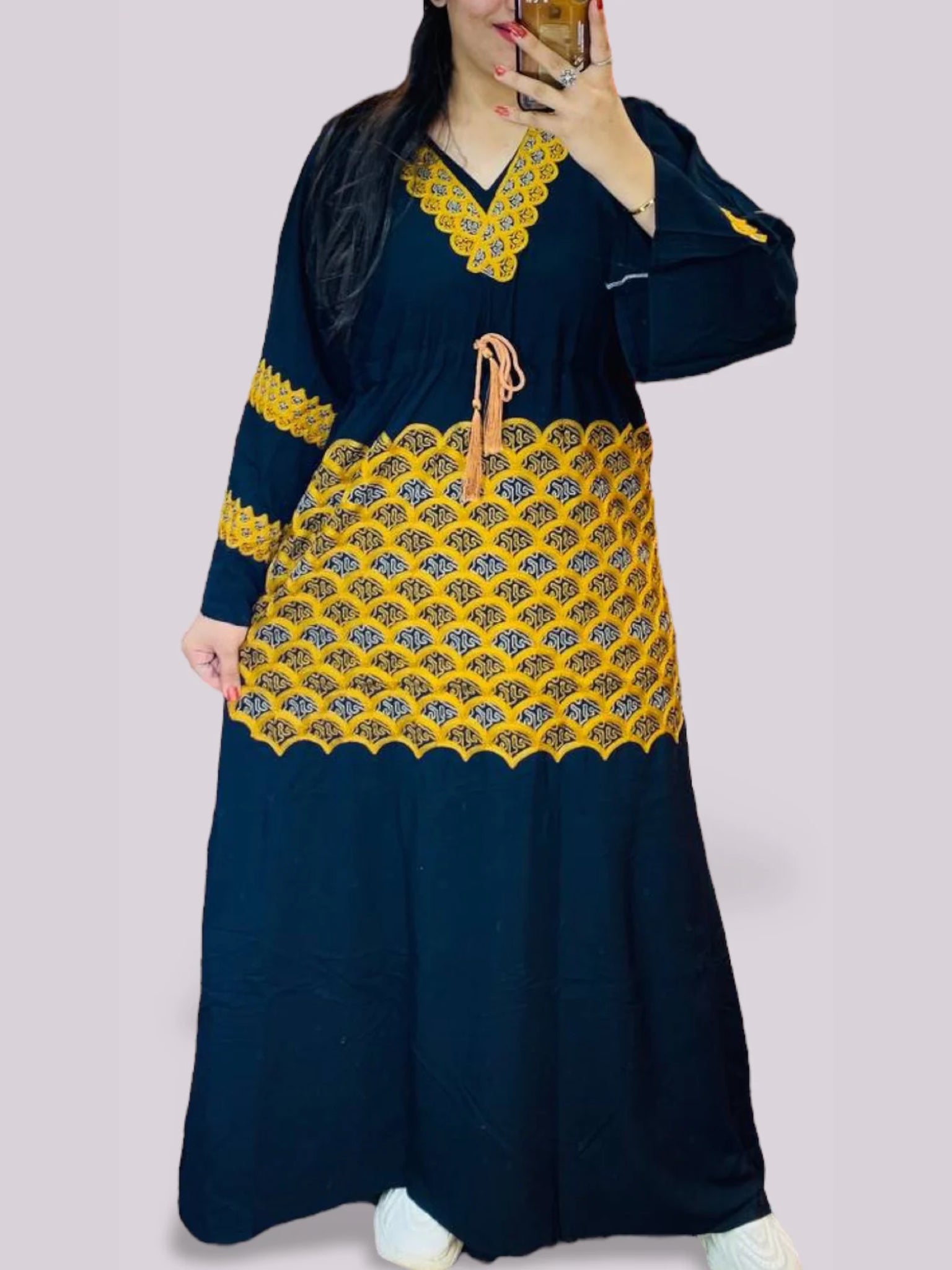 Embroidered Drawstring Cotton Abaya Dress - AD26