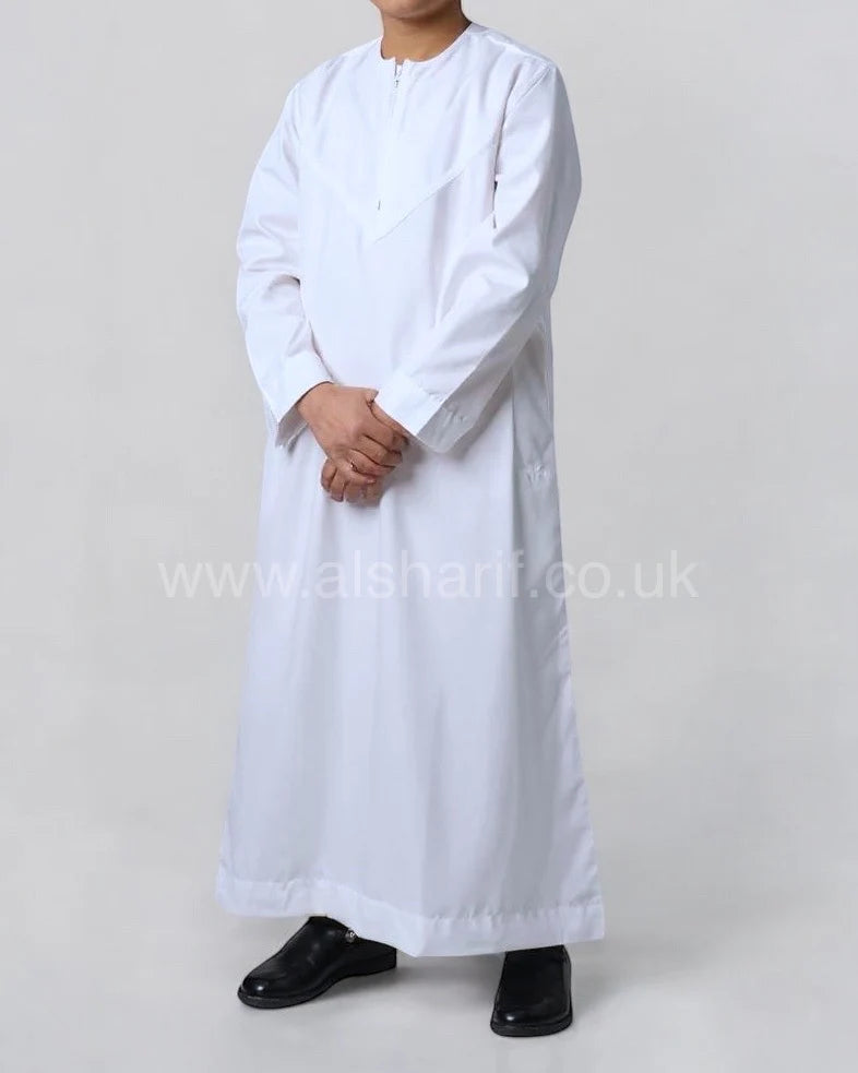 White Silky Boys Thobe Jubba Collarless with Zip Size 38