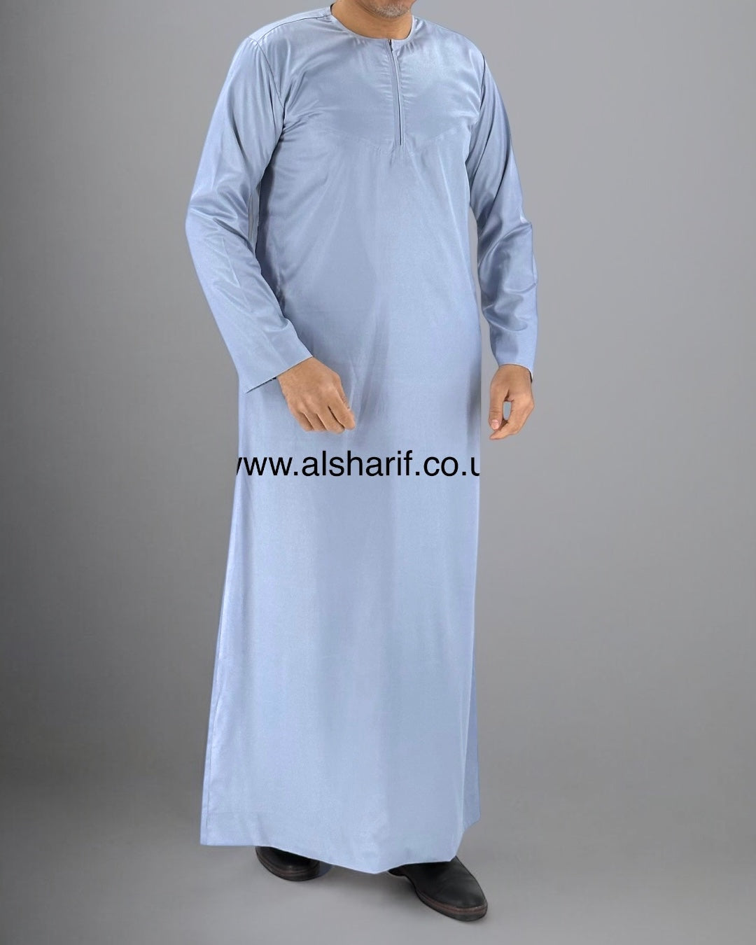 Denim Blue Silky Thobe / Jubba Collarless With Zip