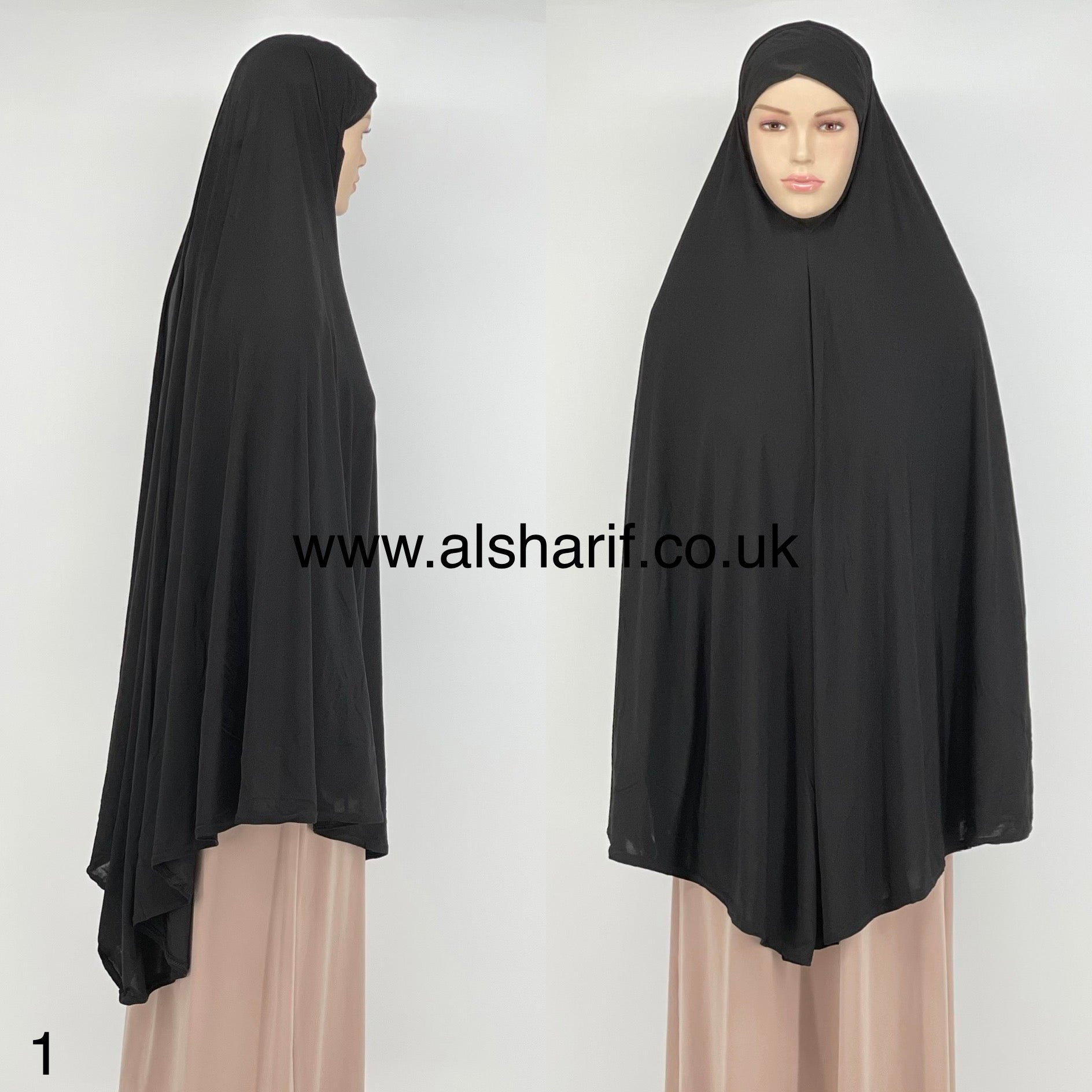 Extra Long Lycra Jersey Khimar One Piece Slip-on Hijab (Black)