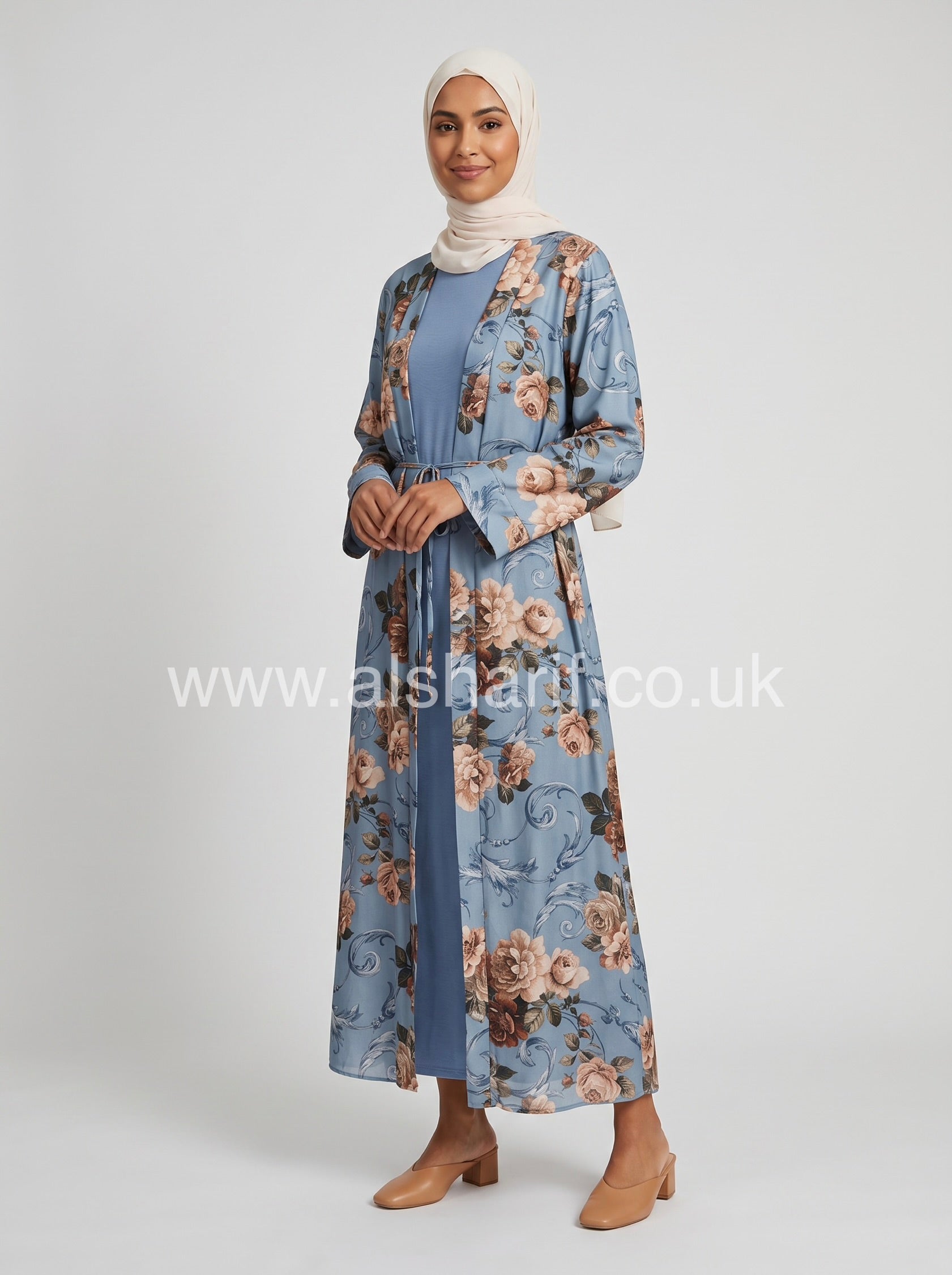 Two-Piece Floral Satin Abaya Dress