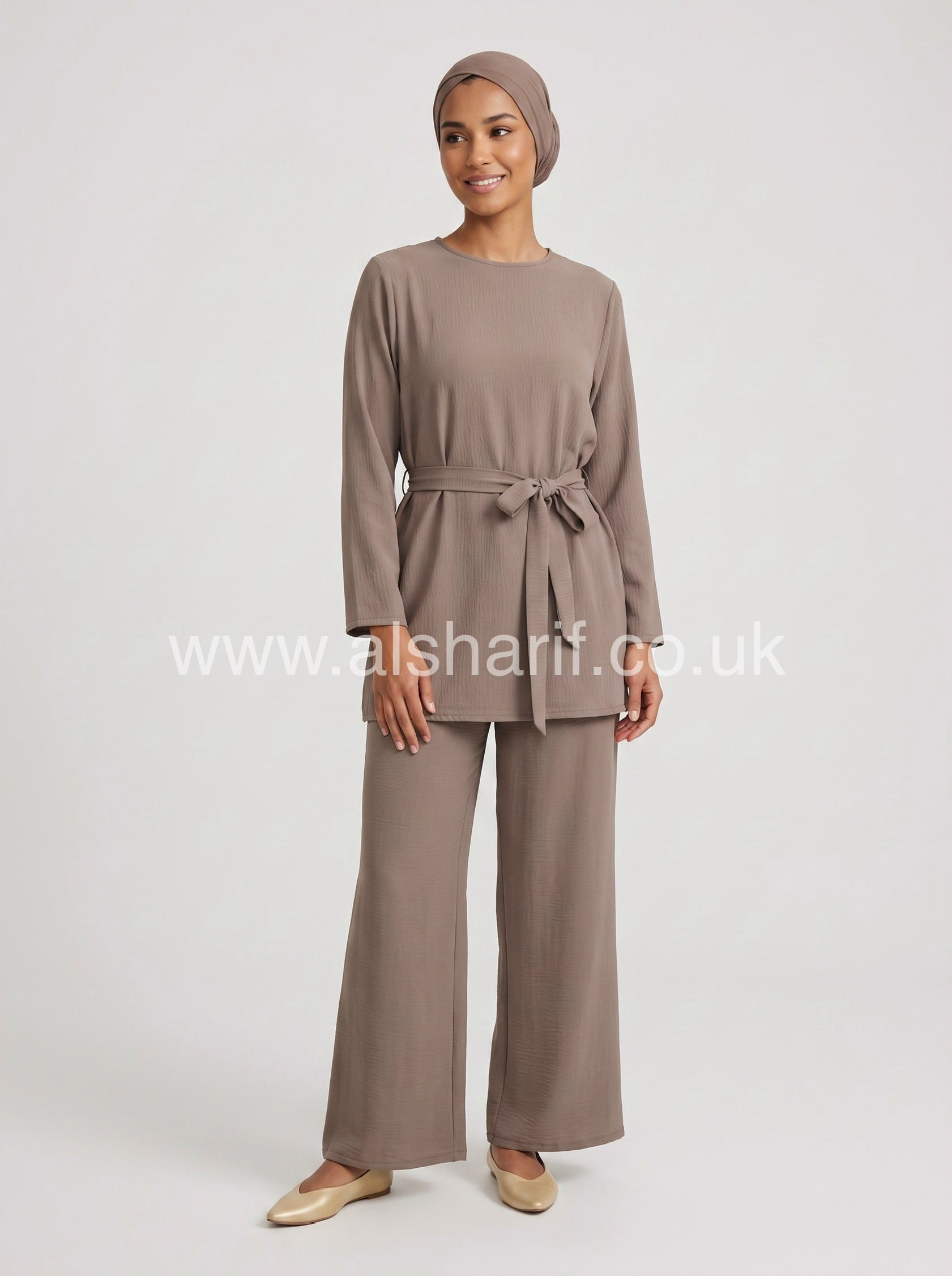 Belted Crepe Co-Ord Set with Wide Leg Trousers