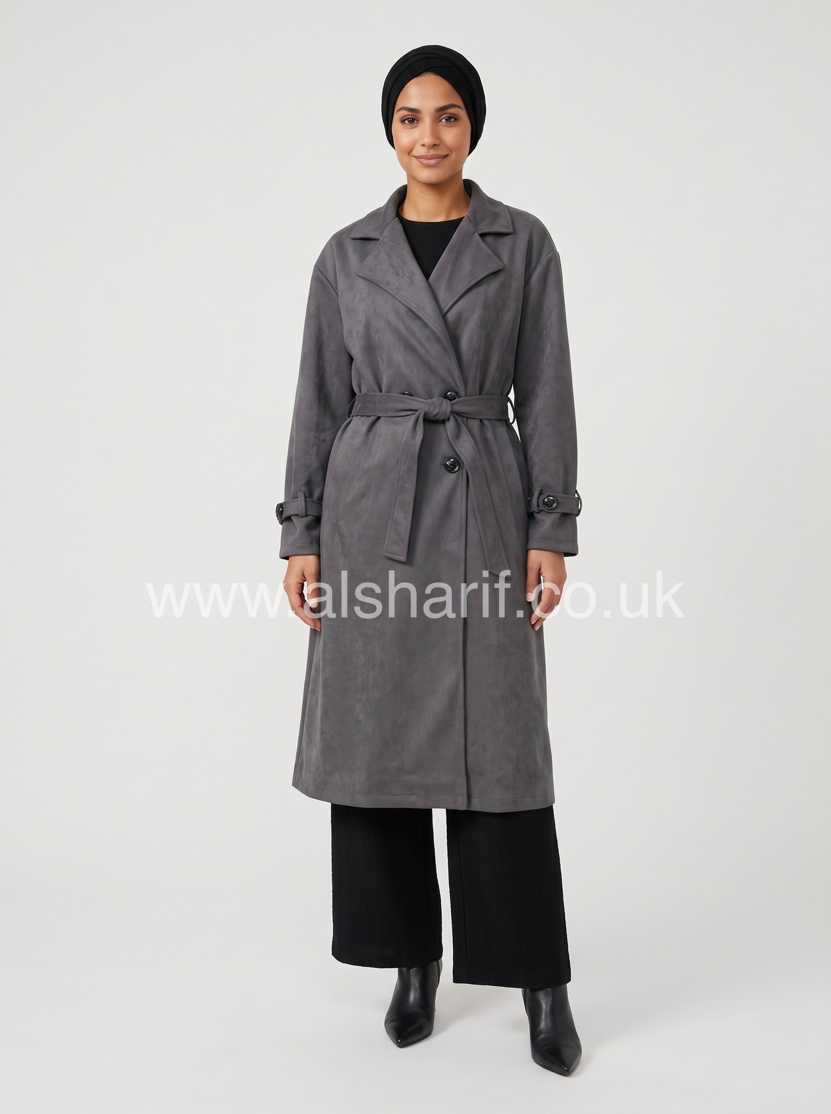 Belted Suede-Feel Abaya Coat