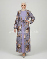 2 Piece Satin Floral Abaya Dress Set