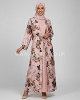 2 Piece Satin Floral Abaya Dress Set
