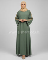 Rhinestone Gold Shoulder Satin Abaya Dress