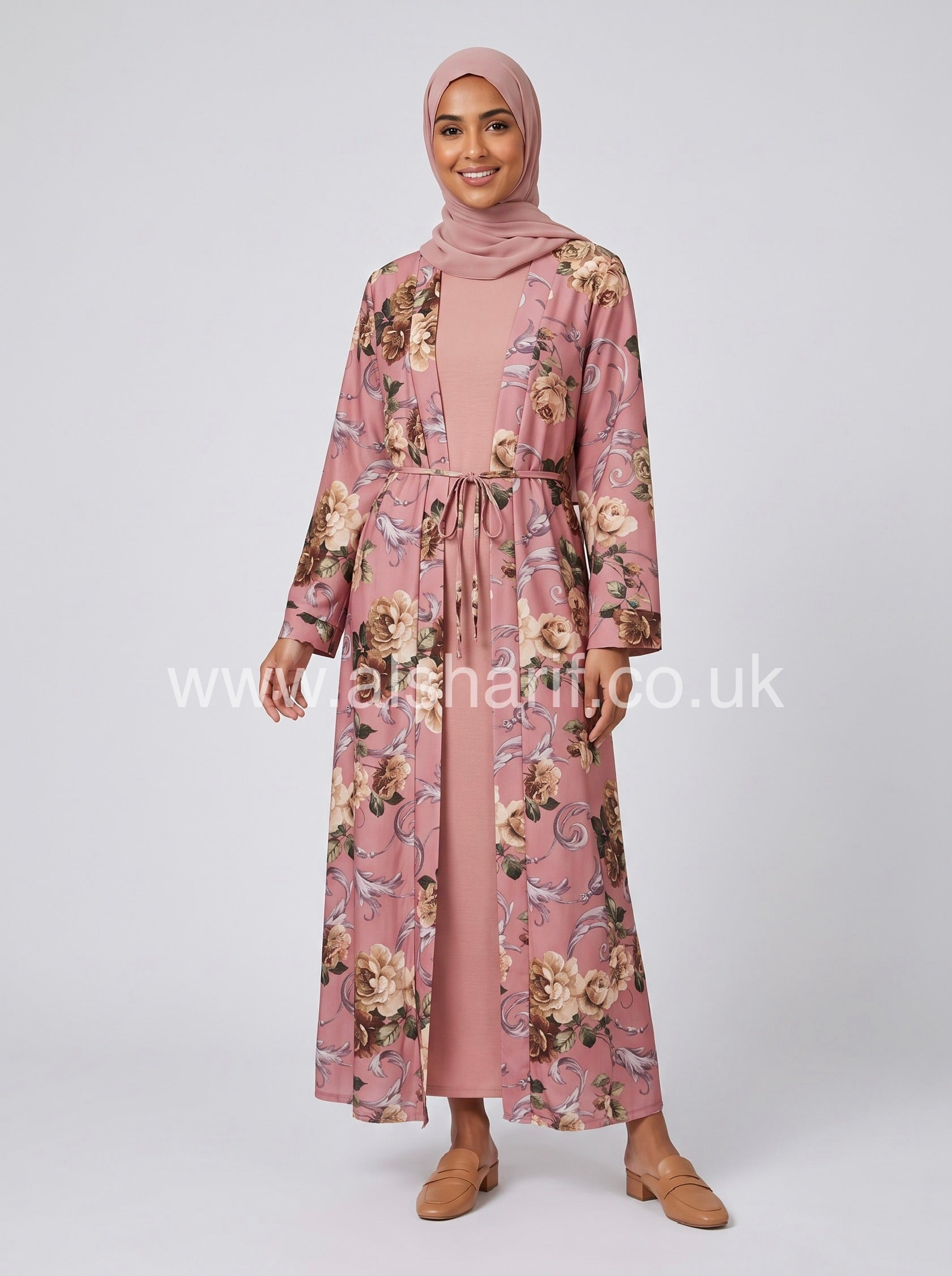 Two-Piece Floral Satin Abaya Dress