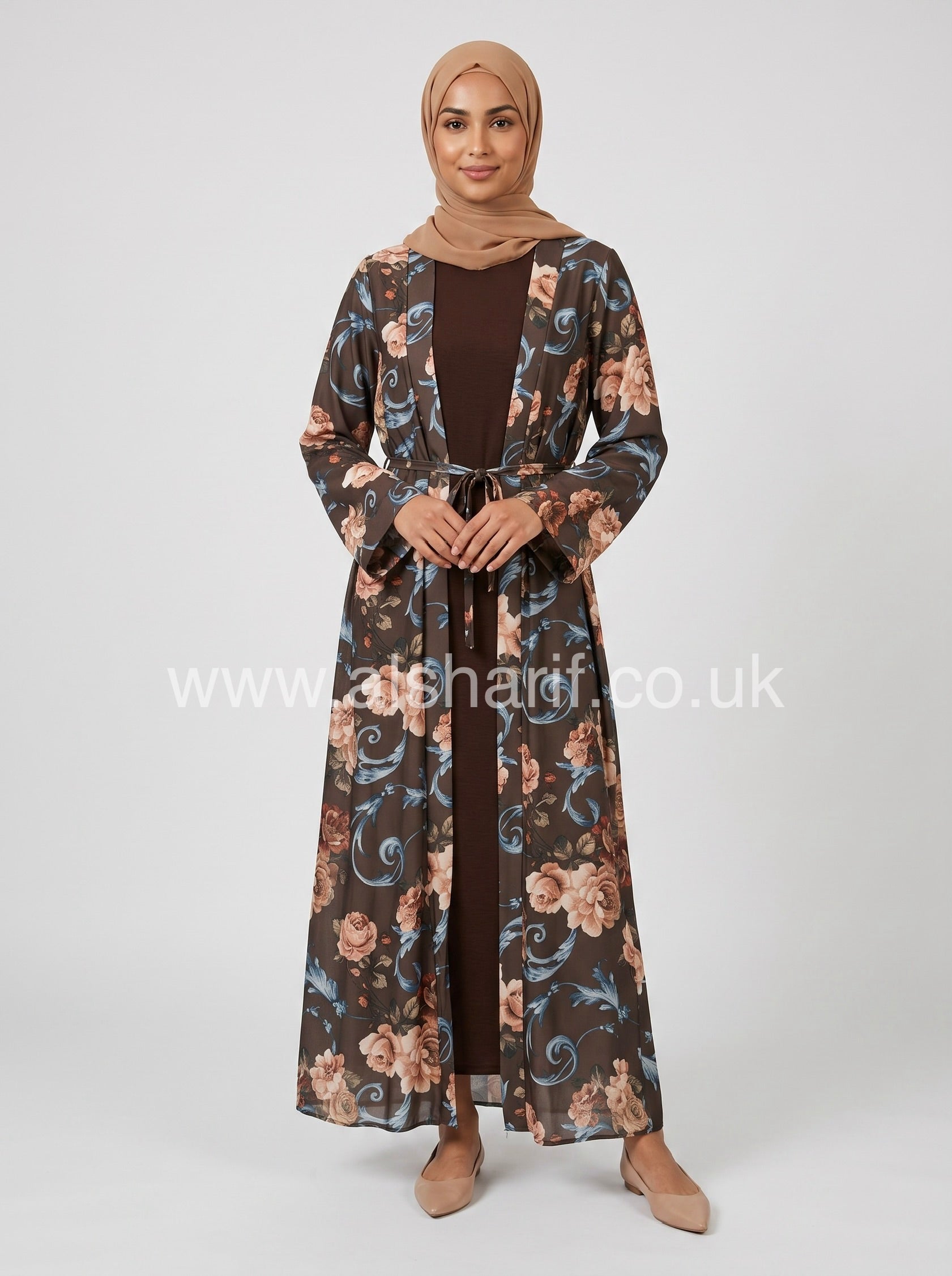 Two-Piece Floral Satin Abaya Dress