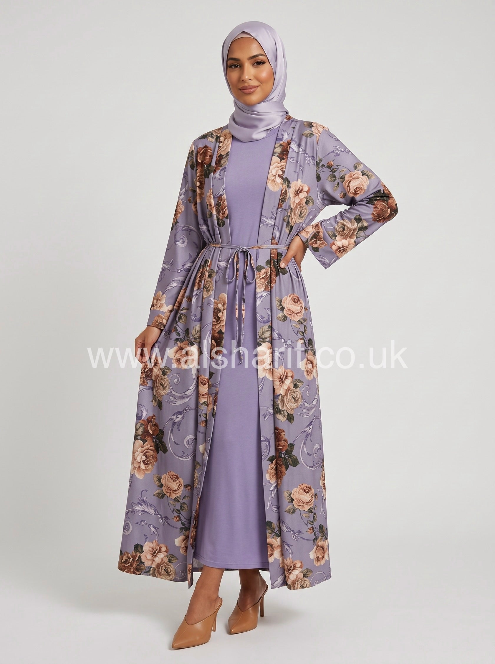 Two-Piece Floral Satin Abaya Dress