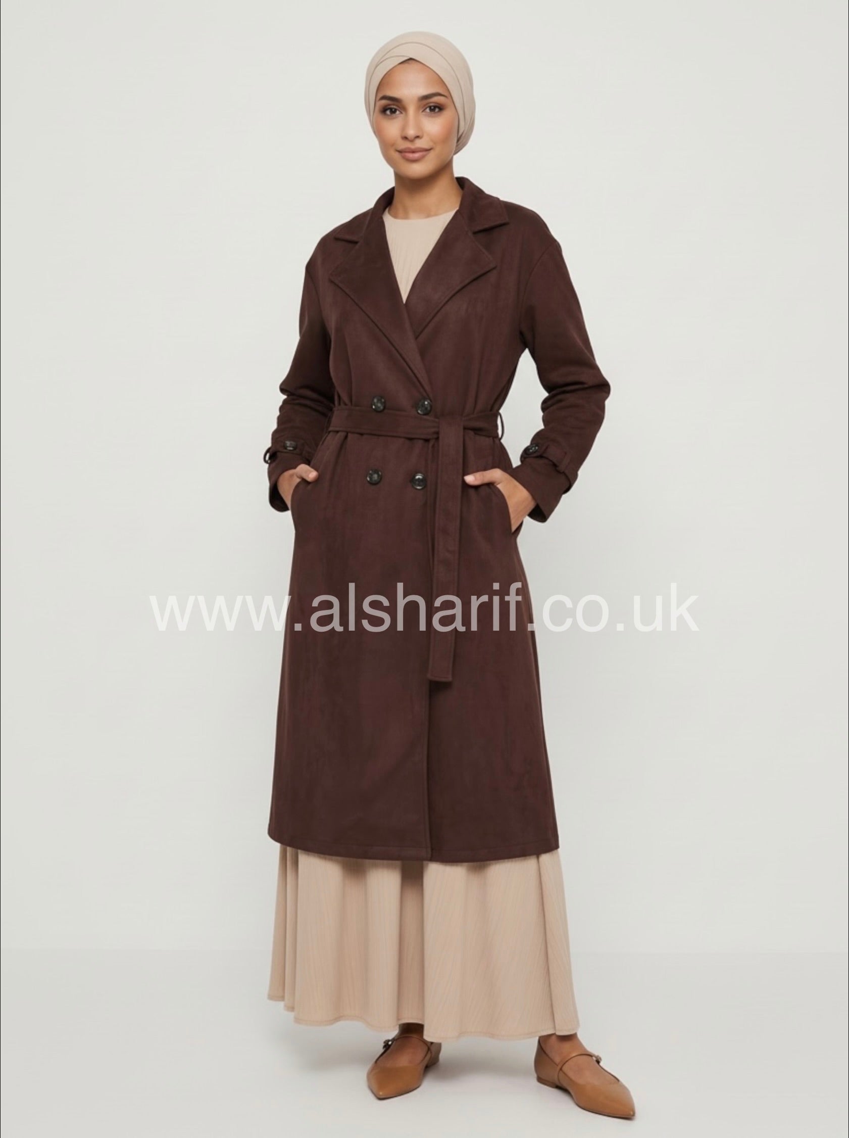 Belted Suede-Feel Abaya Coat