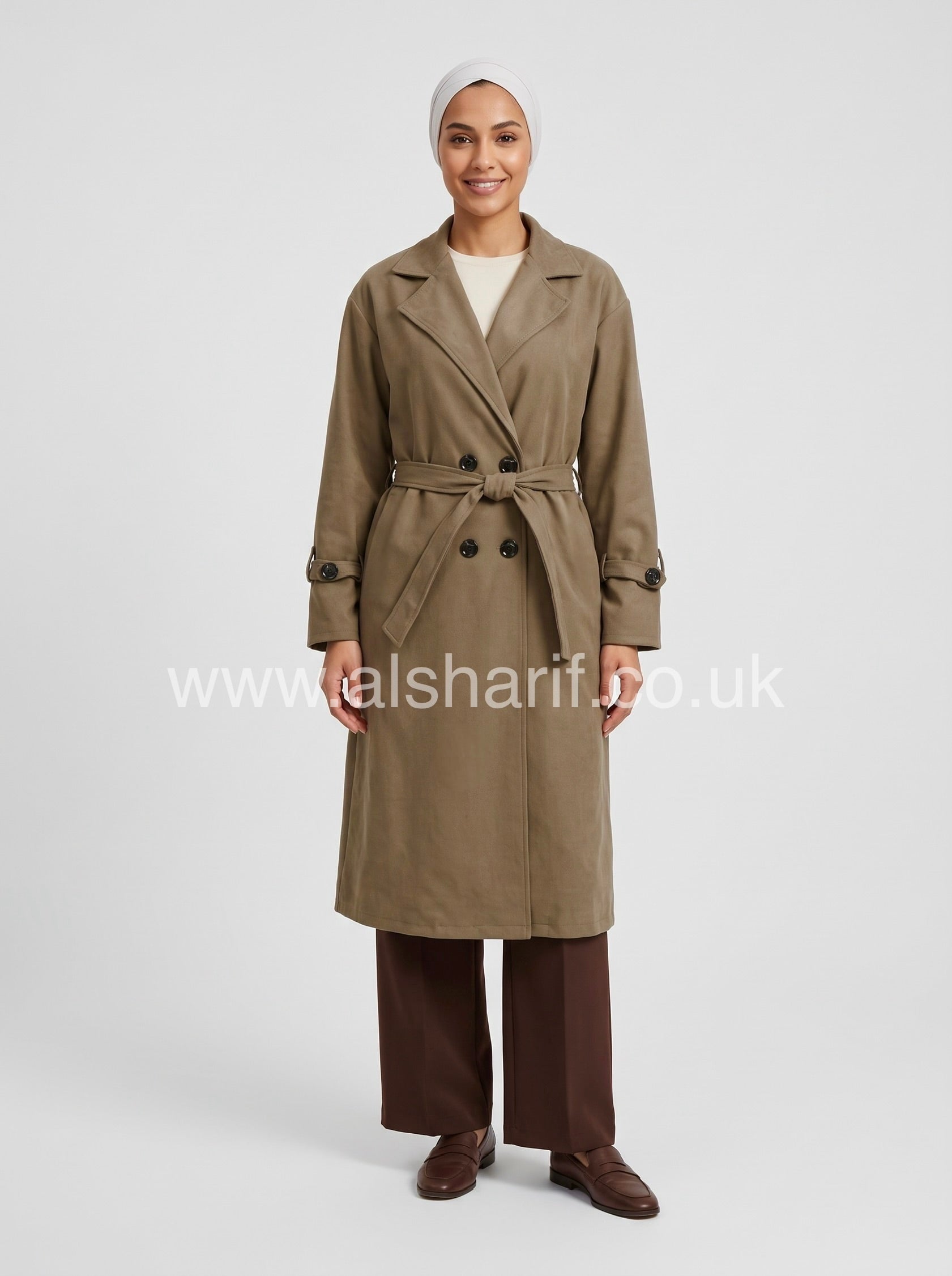 Belted Suede-Feel Abaya Coat