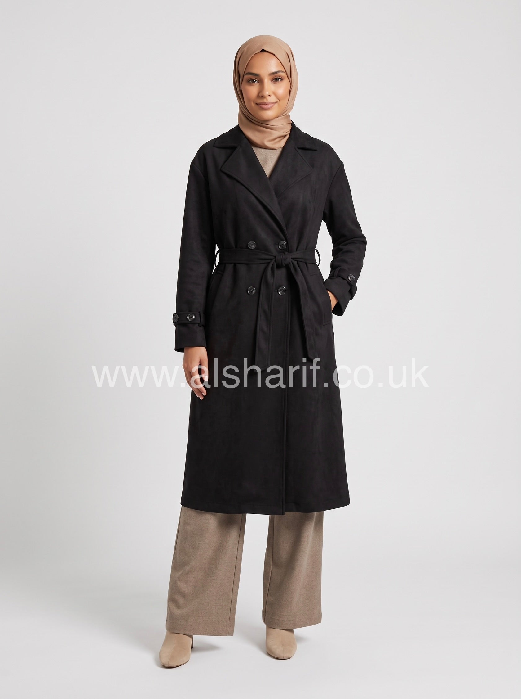 Belted Suede-Feel Abaya Coat