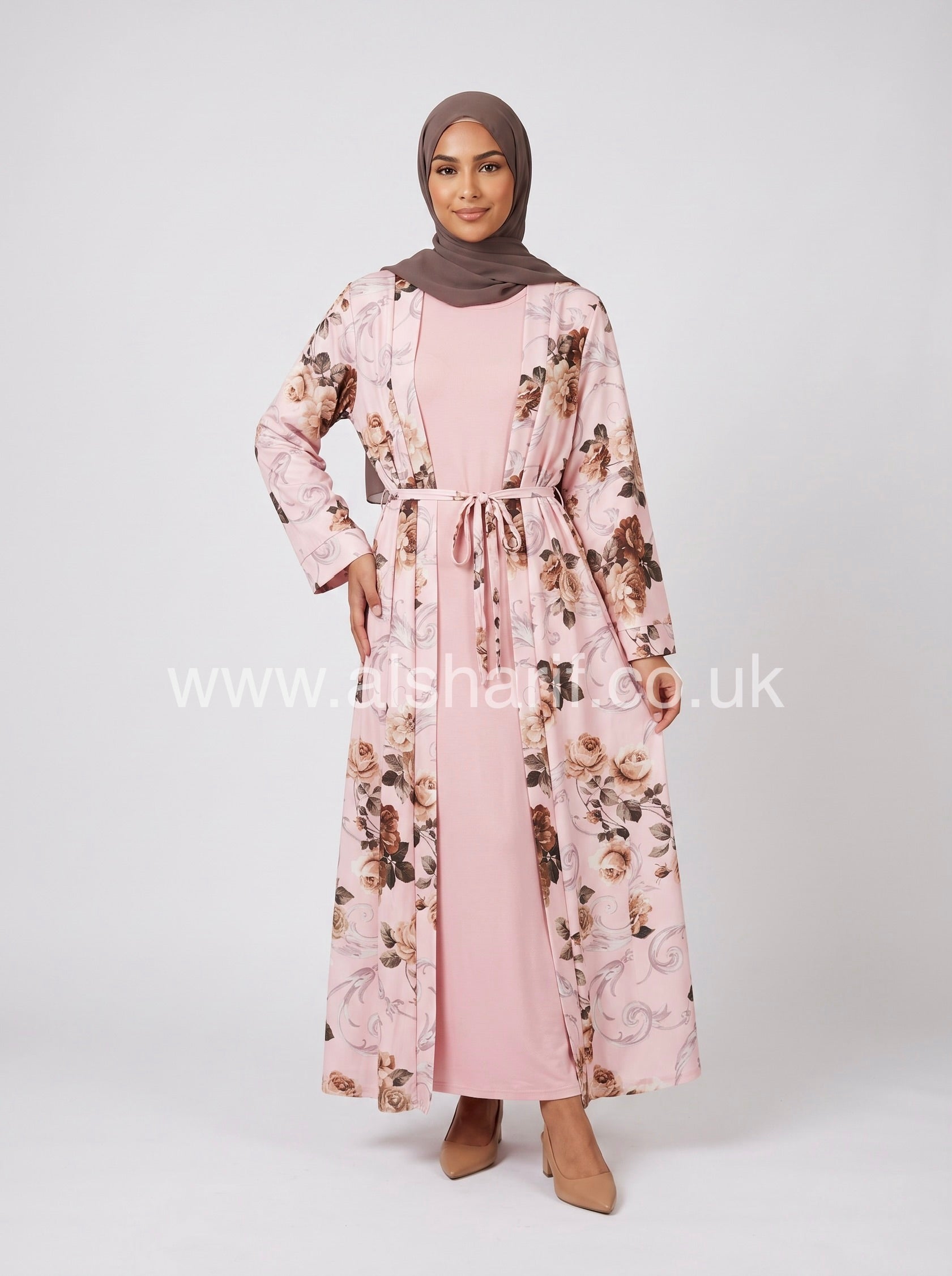 Two-Piece Floral Satin Abaya Dress