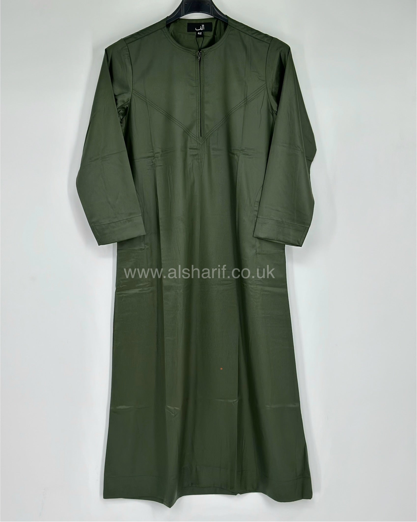 Khaki Green Silky Boys Thobe Jubba Collarless with Zip Size 42