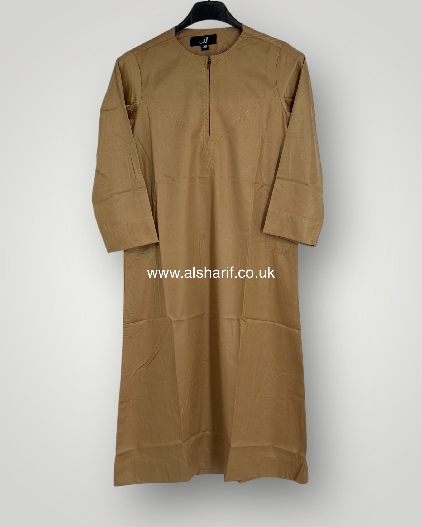 Gold Camel Silky Boys Thobe Jubba Collarless with Zip (Size 36) 4