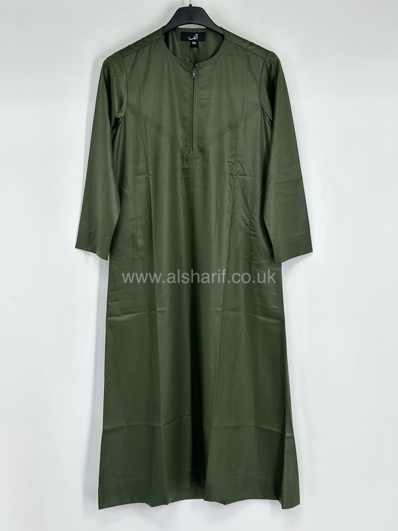 Khaki Green Silky Boys Thobe Jubba Collarless with Zip Size 40