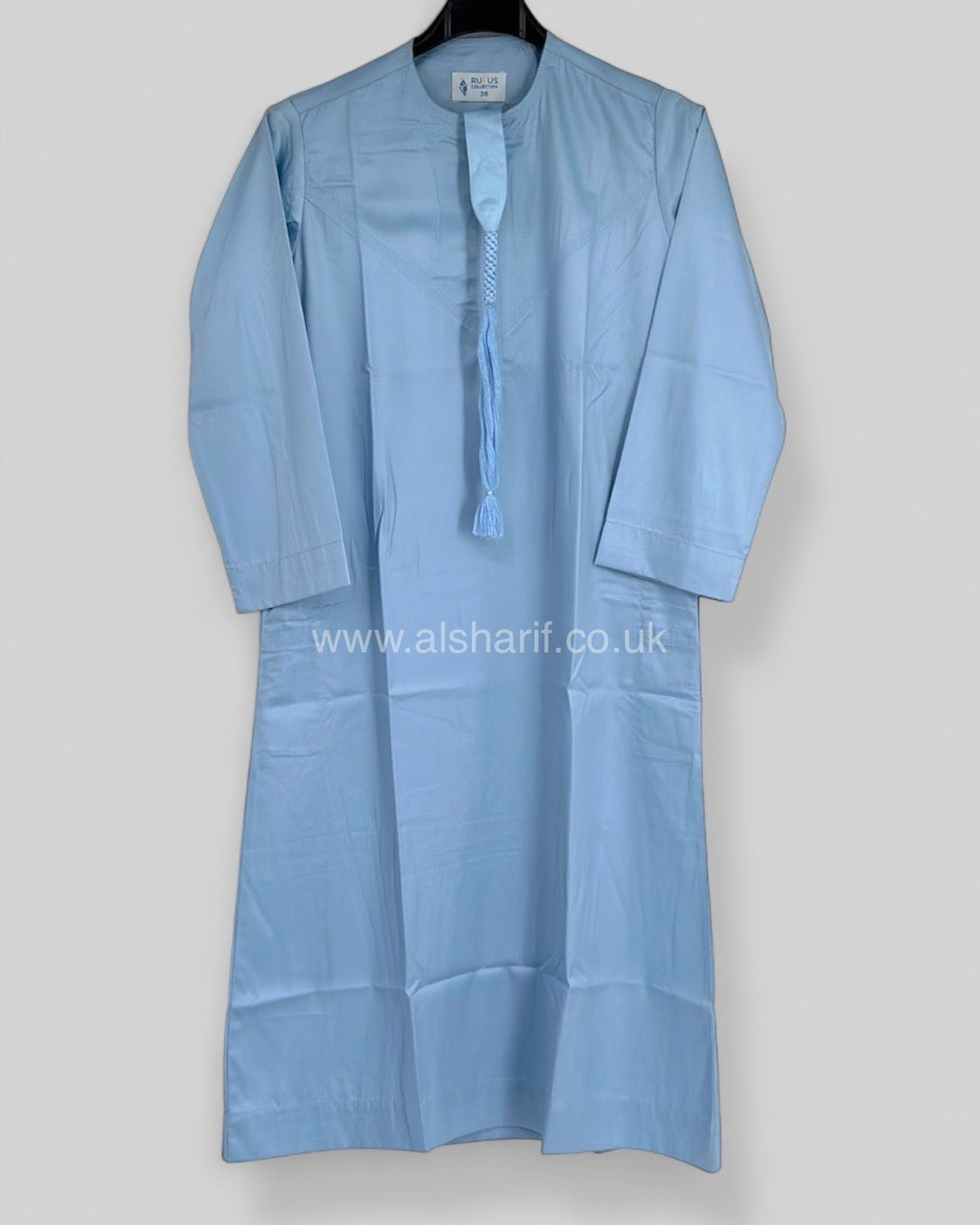 Light Blue Silky Boys Thobe Jubba Collarless with Tassel & Zip Size 38