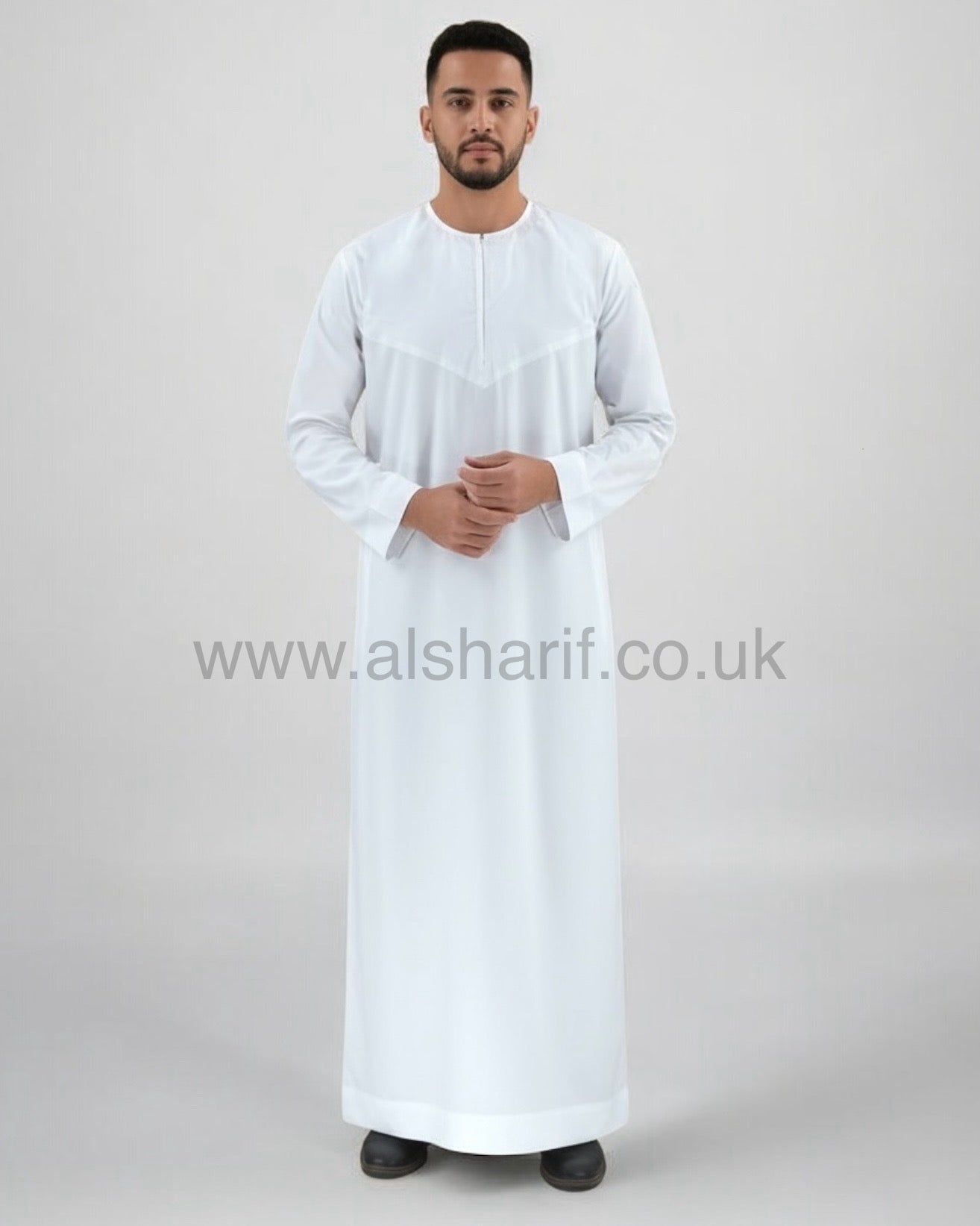 White Shiny Thobe / Jubba Collarless With Zip (60M-12) – AL SHARIF