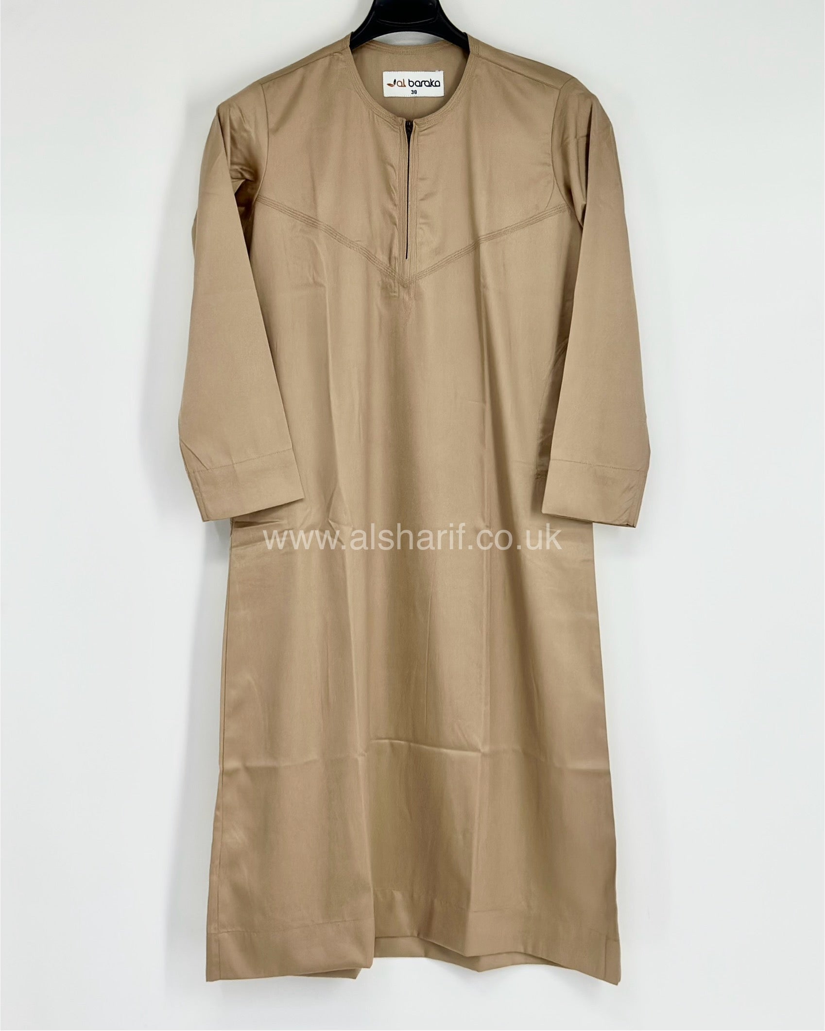 Beige Silky Boys Thobe Jubba Collarless with Zip Size 38