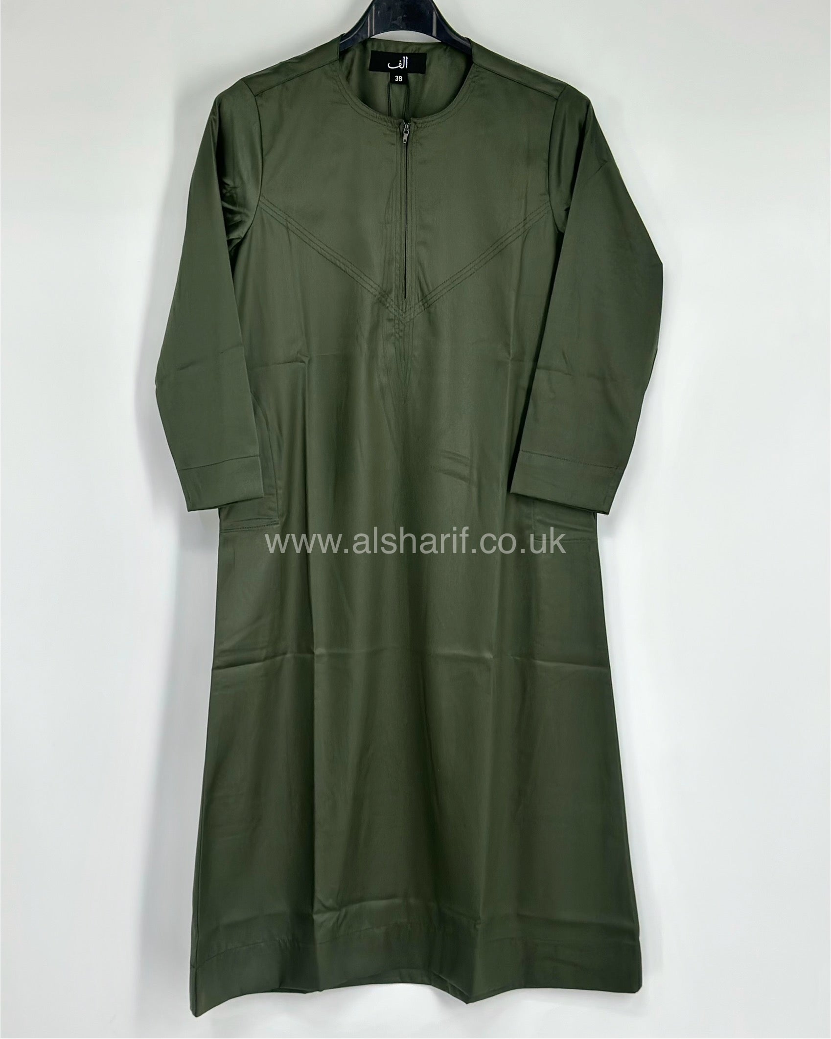 Khaki Green Silky Boys Thobe Jubba Collarless with Zip Size 38