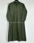 Khaki Green Silky Boys Thobe Jubba Collarless with Zip Size 38