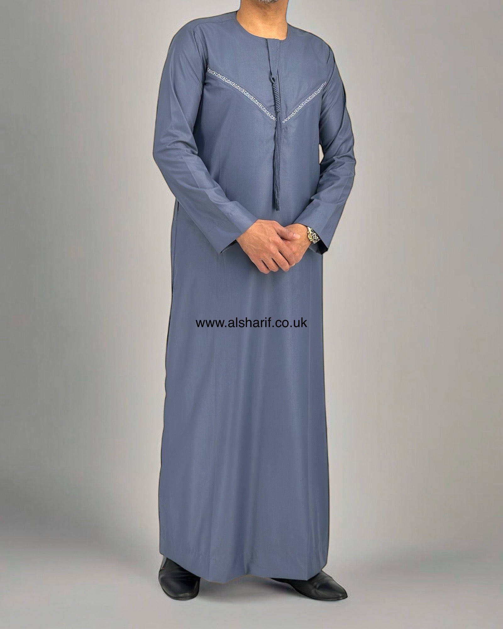 Grey Matte Thobe Collarless With Tassel & Zip (Size 60M)