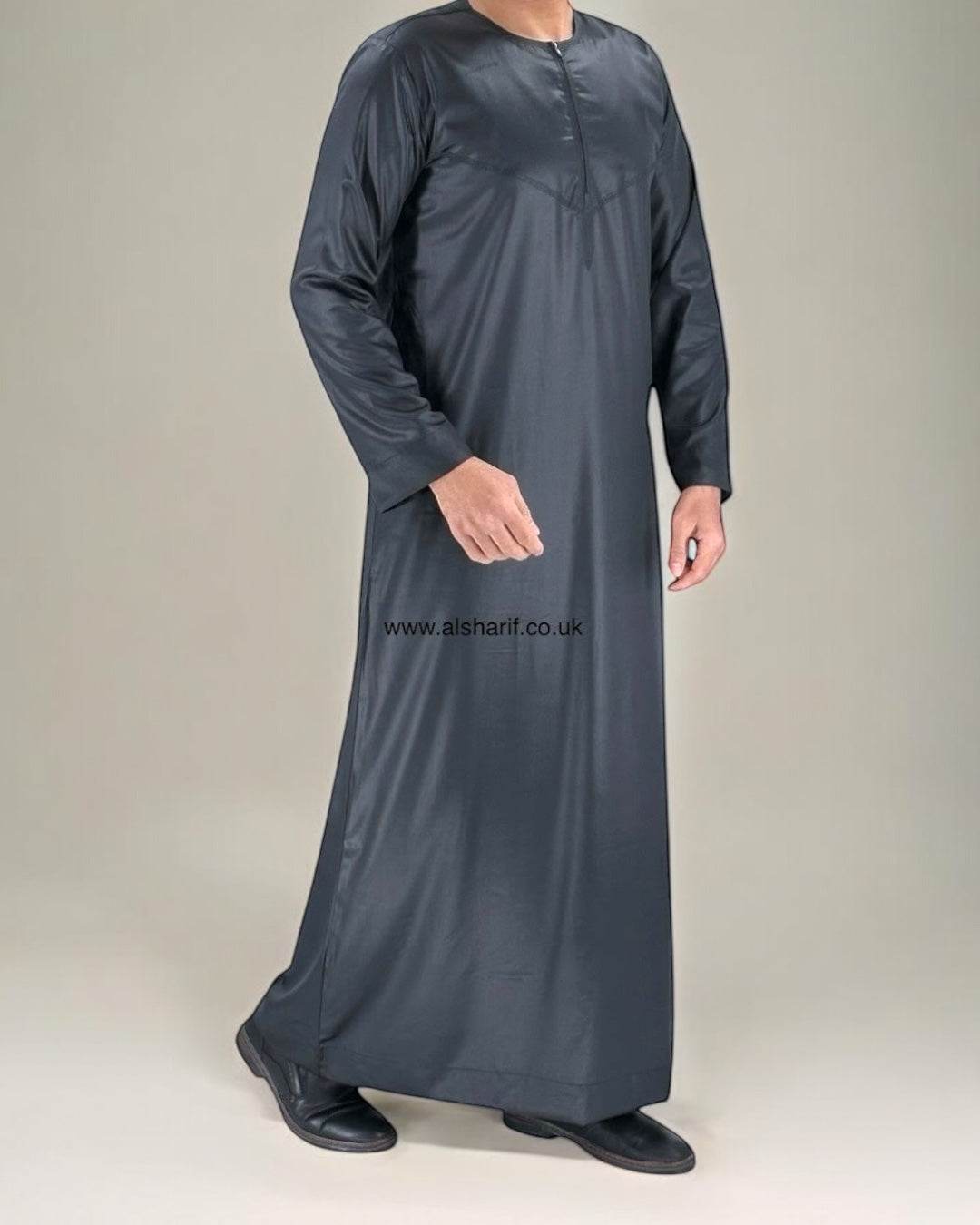 Black Silky Thobe Collarless With Zip